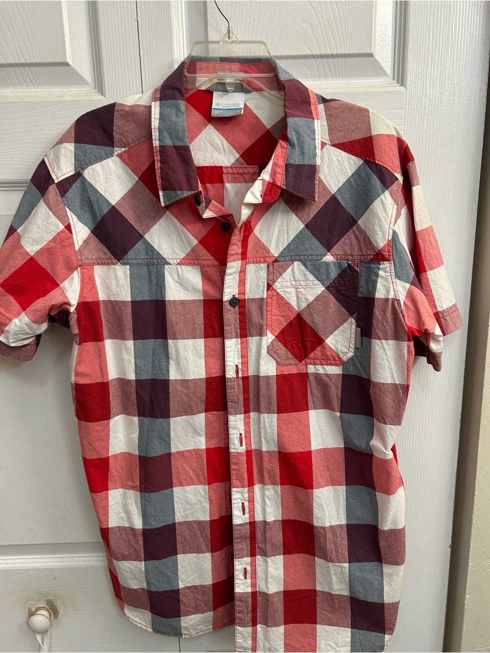 Columbia Red and White Plaid Short-Sleeve Button-Down Shirt